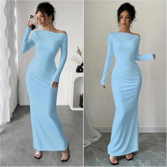 Neriah One-Shoulder Maxi Dress - Sky Blue - Picture 1 of 8